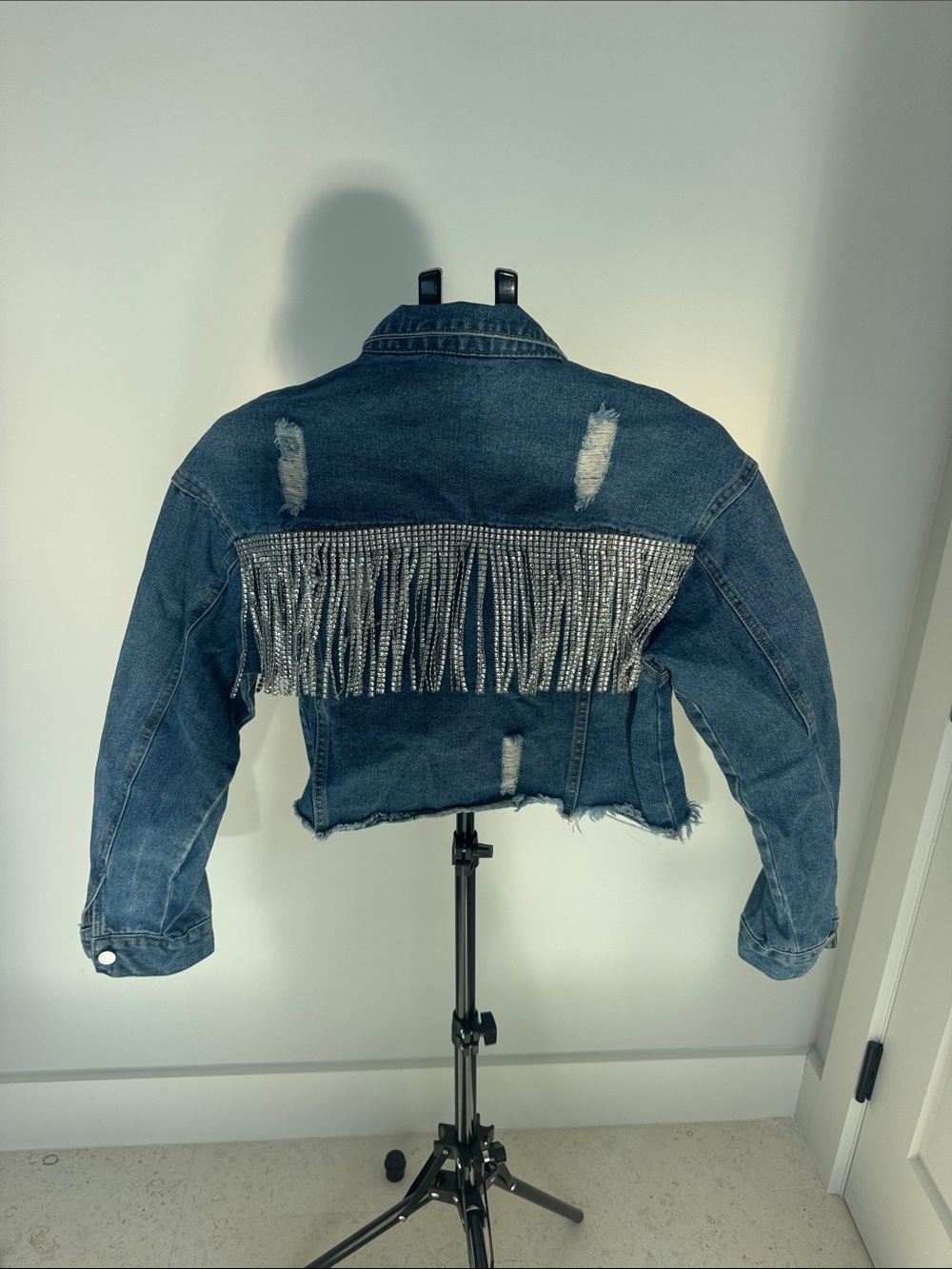 Denim Diamond Sparkly Fringe Crop Jacket - Blue
